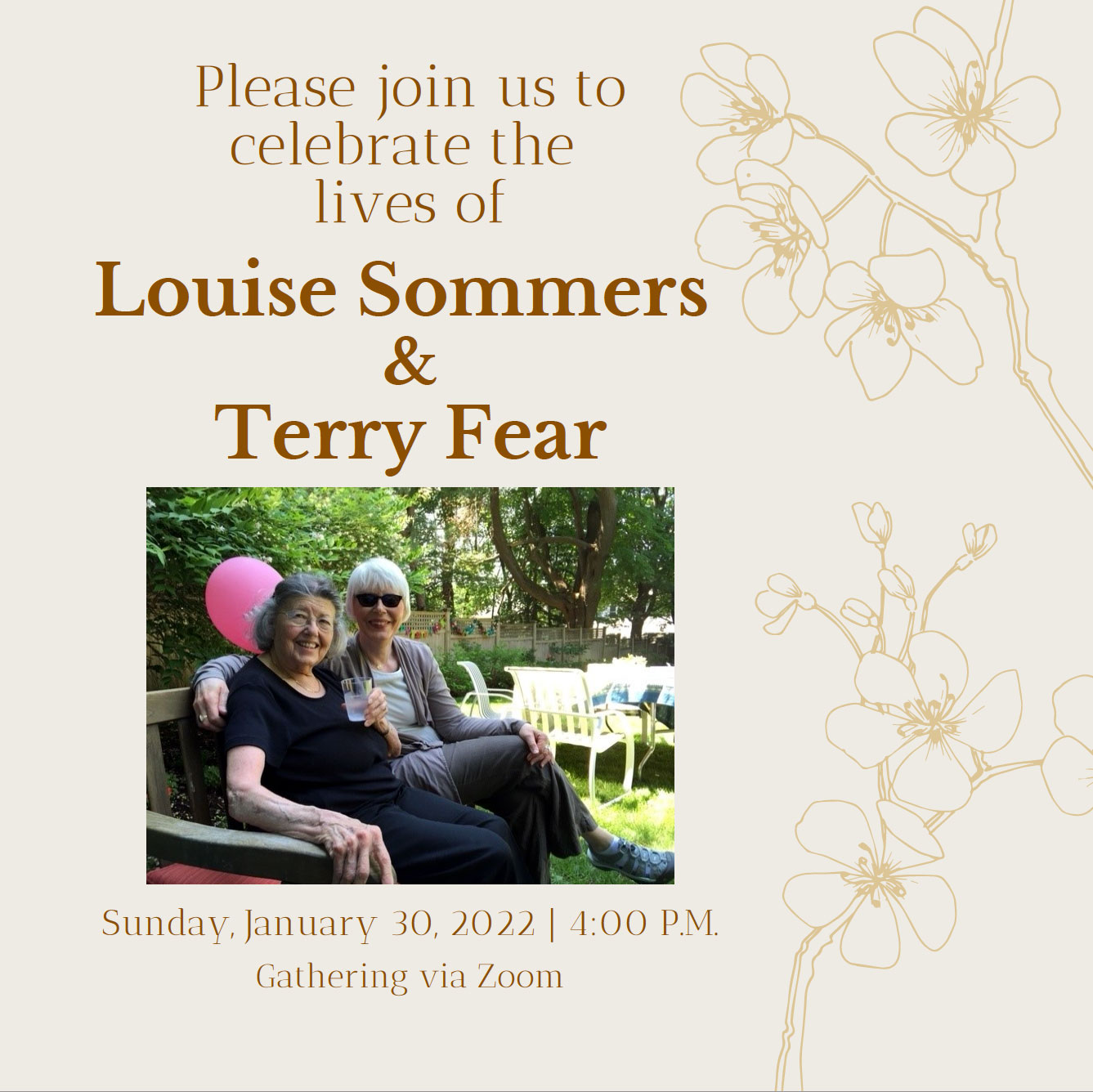 Celebration of Life in memory of Louise Sommers and Terry Fear for Sunday, January 30, 2022 @ United Hebrew Congregation Virtual Sanctuary