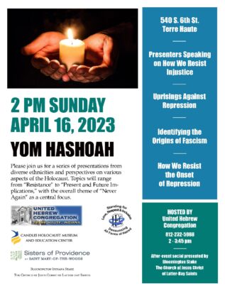 Yom HaShoah program for Sunday, April 16, 2023 @ United Hebrew Congregation | Terre Haute | Indiana | United States